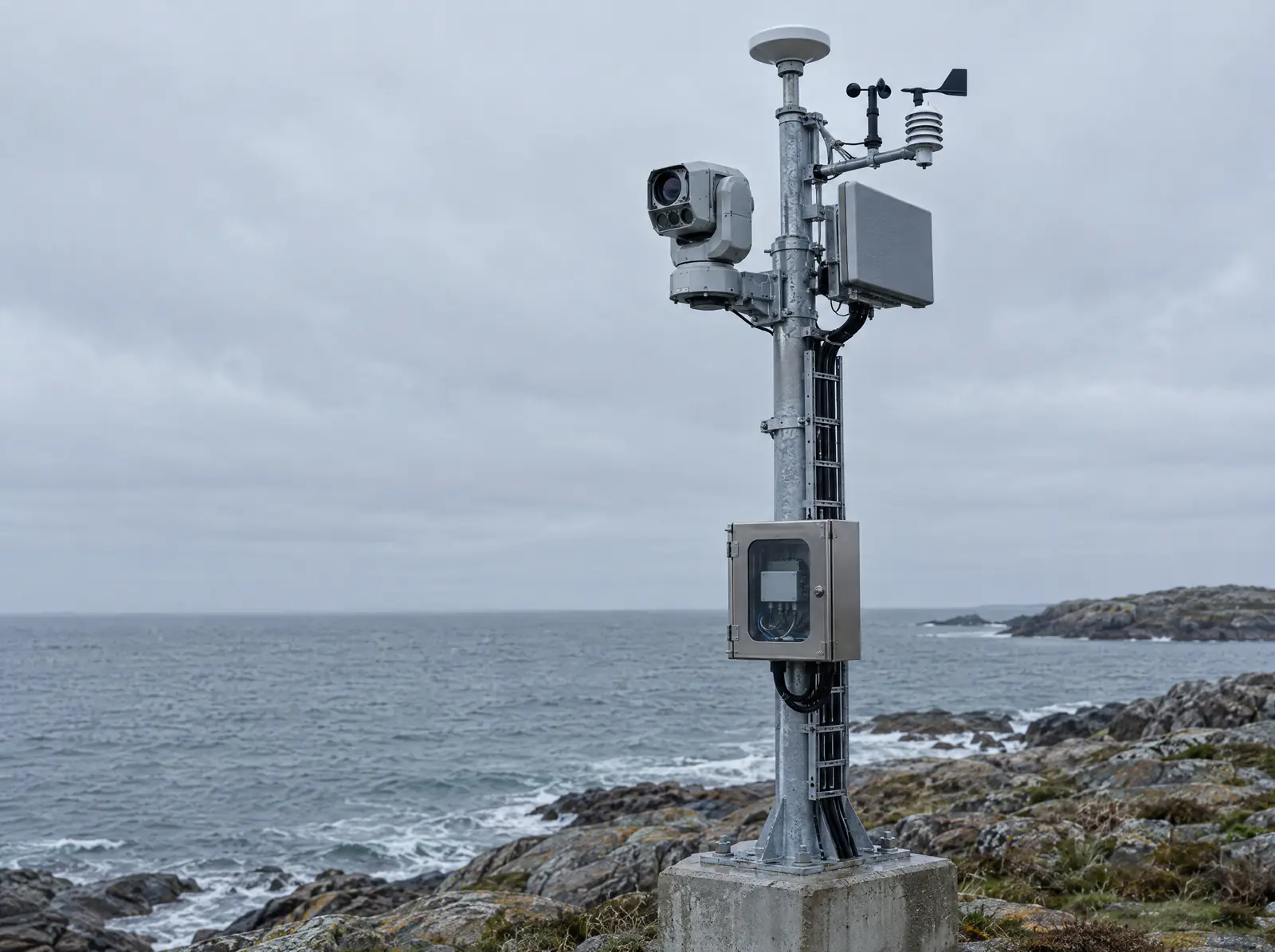 Coastal sensor mast carrying an electro-optical camera, a compact radar panel, and a weather station, cabled to a junction enclosure. Concept visualization.