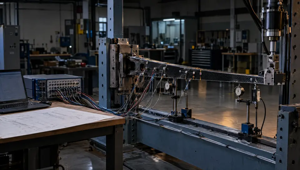 Composite wing spar test article in a load frame, instrumented with strain gauges and displacement sensors wired to data acquisition