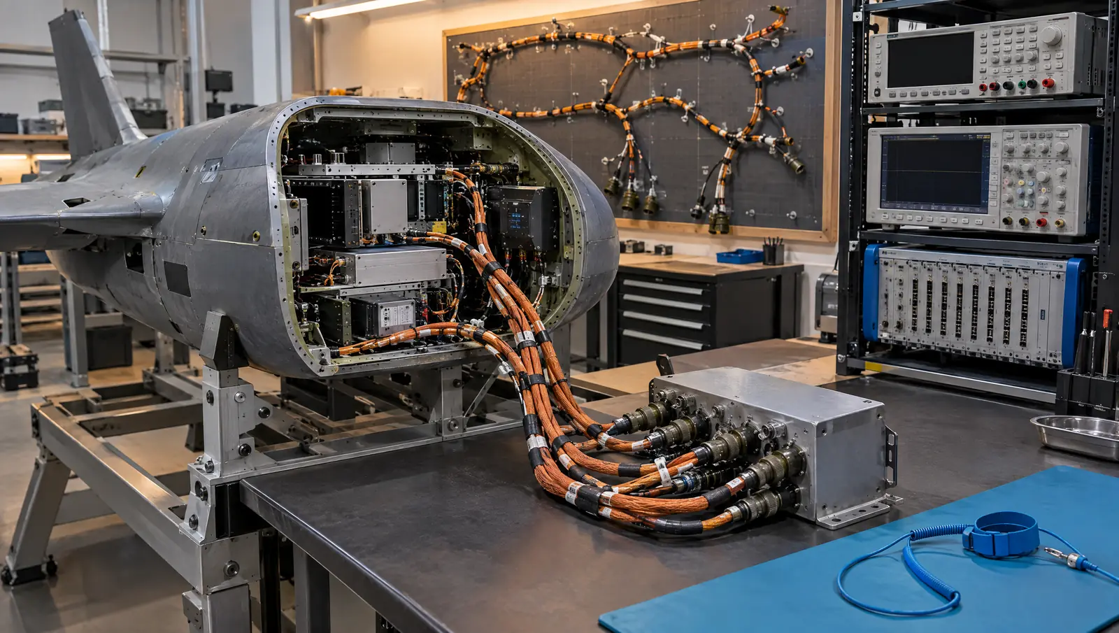 Uncrewed aircraft fuselage section on a test stand with its avionics bay open and a wiring harness routed to a breakout box beside test instruments