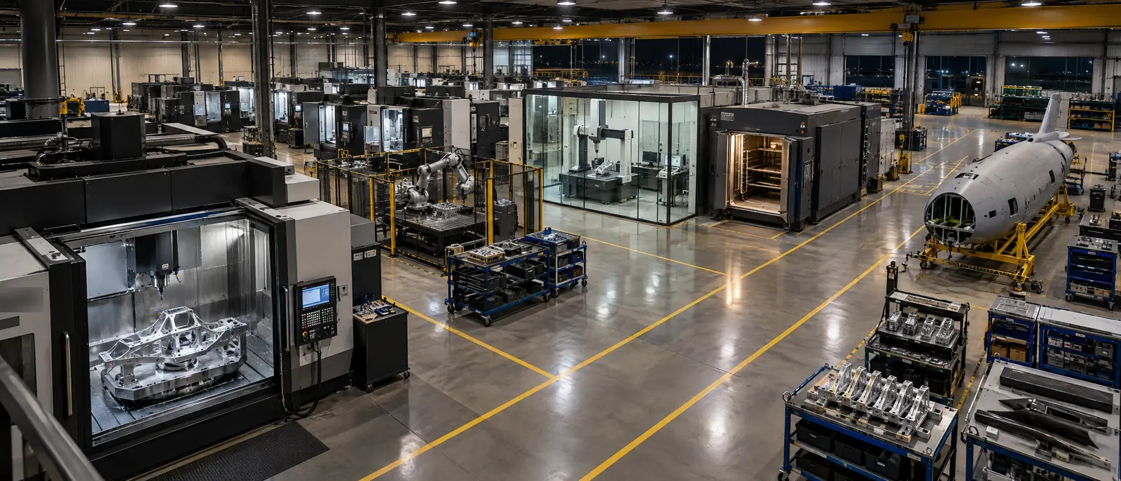 Organized production hall with machining centers, a glass-walled inspection room, a cure oven, and an uncrewed aircraft fuselage in assembly
