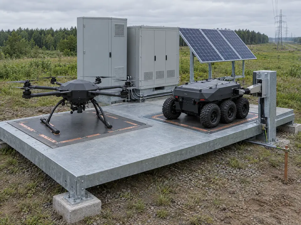 Galvanized charging skid with a hexacopter on a contact-charging pad and a six-wheeled UGV docked to an automated charging connector, fed by power cabinets and a solar array