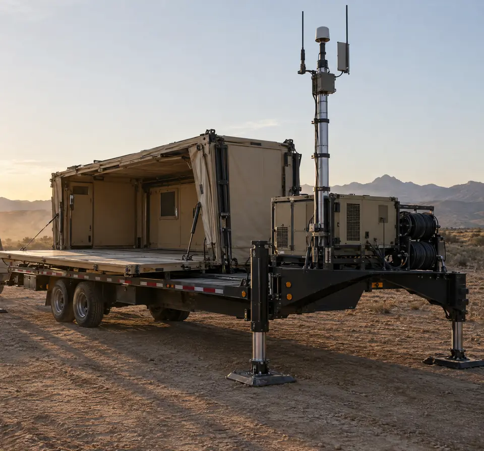 Trailer-mounted infrastructure platform being deployed at dawn with leveling jacks down and a communications mast rising