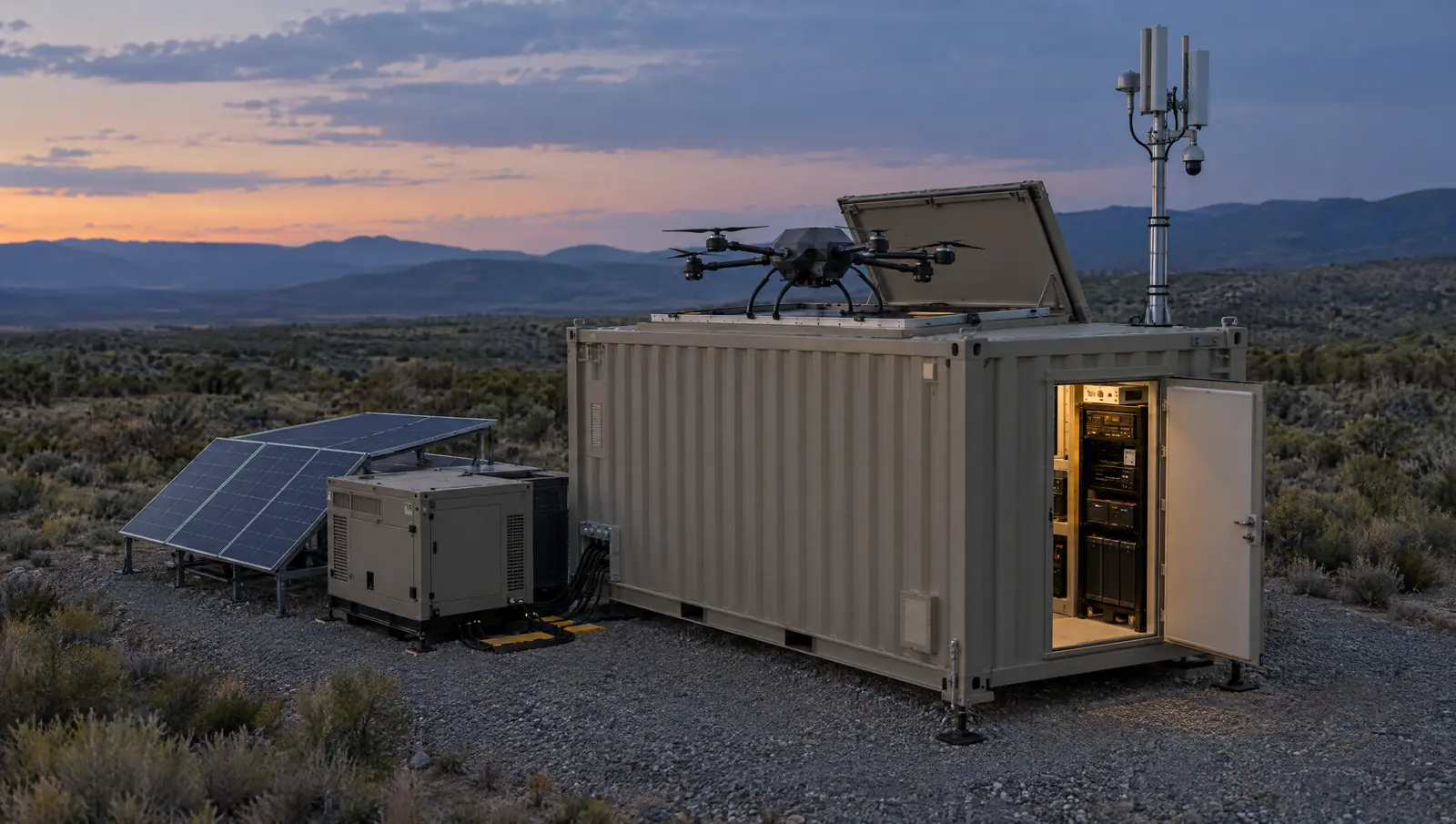 Containerized mobile support node at dusk with its roof hatch open as a hexacopter lands, a telescoping antenna mast, an open equipment door, solar panels, and a generator module