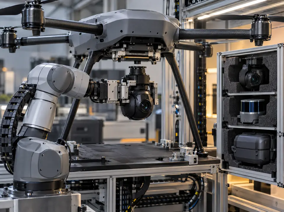 Robotic arm holding a gimbal camera payload under a quadcopter's quick-release payload rail, beside a rack of alternate payload modules