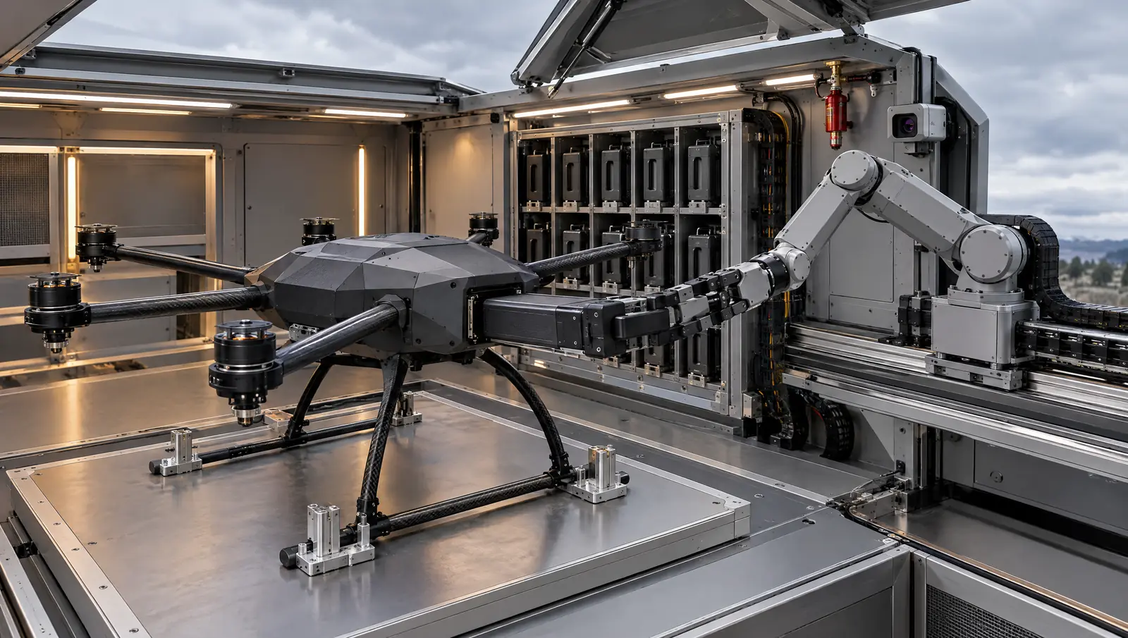 Inside a UAV hangar module: a rail-mounted robotic arm withdraws the battery cassette from a hexacopter held on its landing plate, beside a slotted battery storage rack