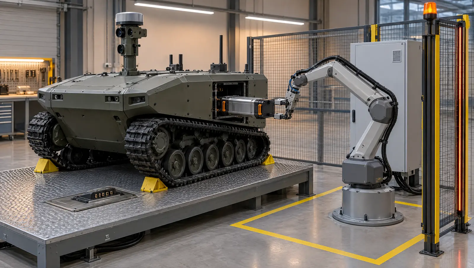Tracked uncrewed ground vehicle chocked on a service deck while a gray industrial manipulator inside a marked safety zone lifts a battery module from its side bay