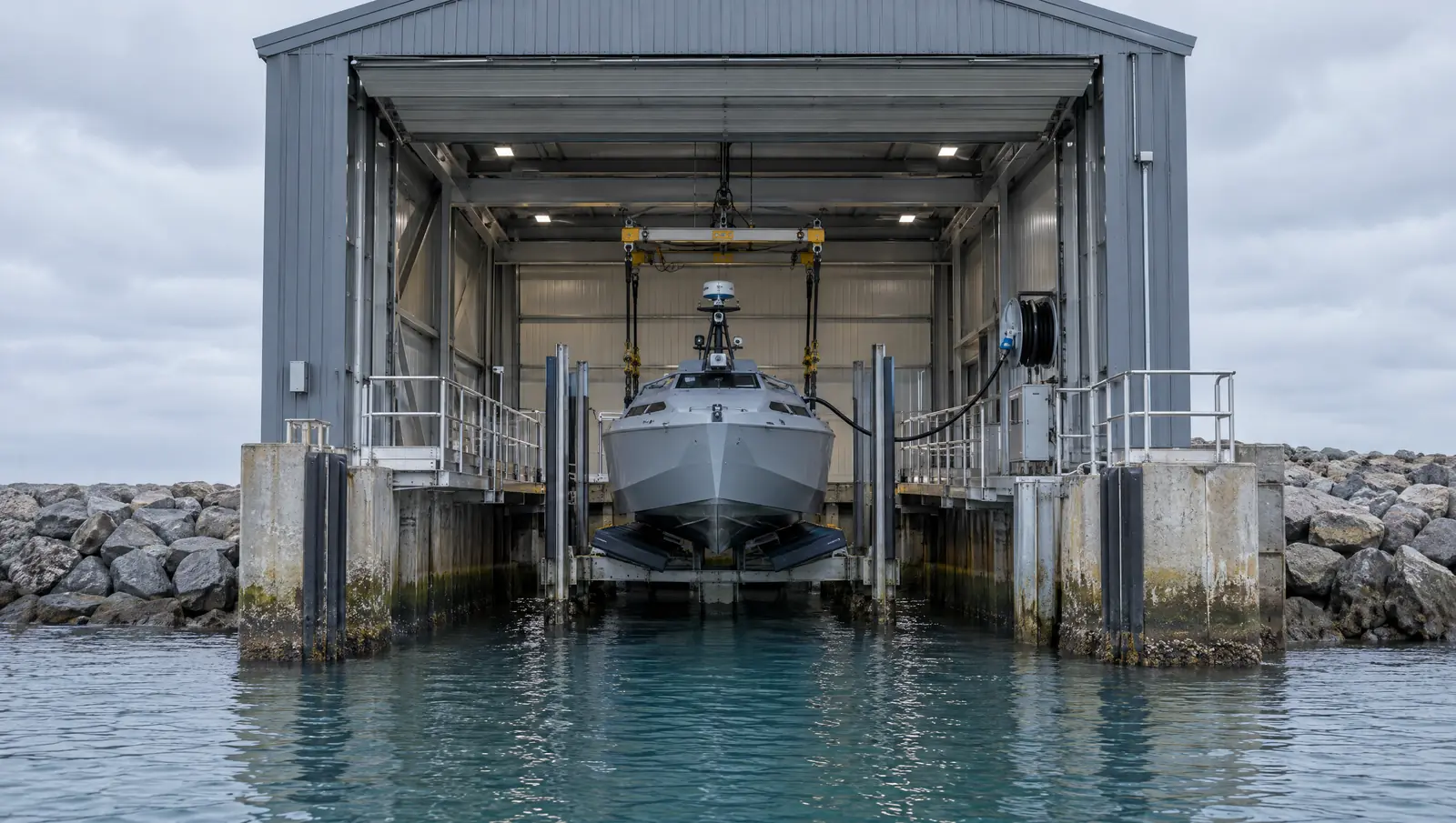 Enclosed USV hangar over the water with its door raised and a vessel resting on a submerged lift cradle beneath an overhead handling gantry