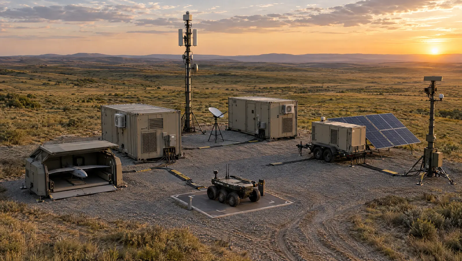 Expeditionary mission-support node on open grassland with equipment shelters, a communications mast and satellite terminal, trailer-mounted energy storage with solar array, a compact UAV hangar, a UGV on a charging pad, and a sensor tower