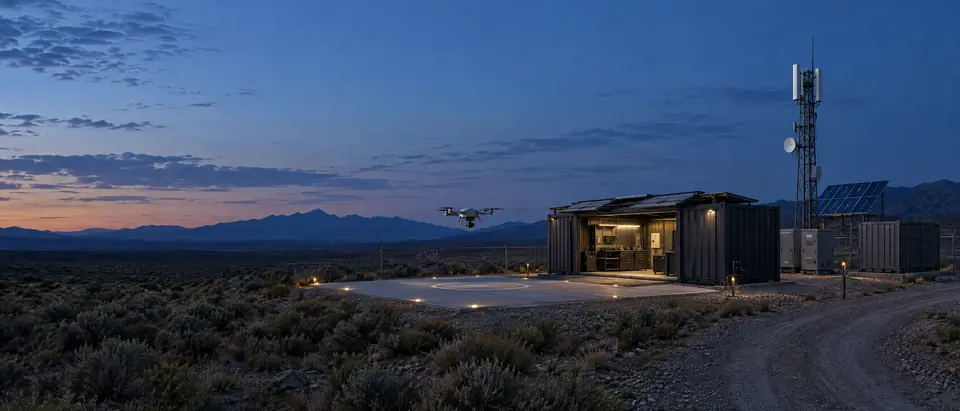 Remote autonomous operations site at dusk with a UAV descending to a landing pad beside a robotic hangar, comms mast, and solar array