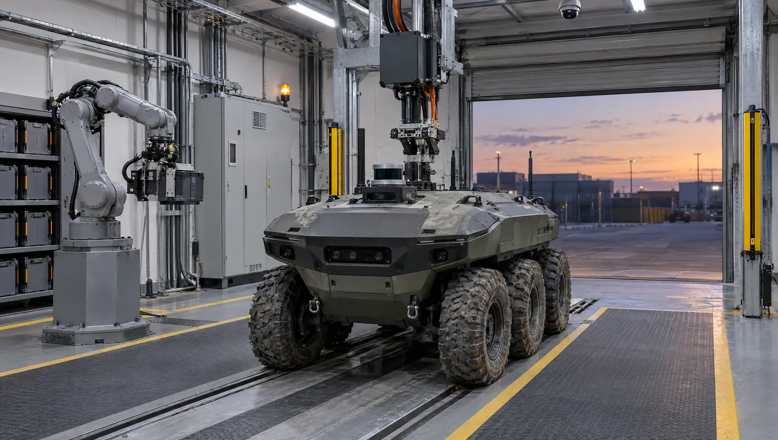 Six-wheeled uncrewed ground vehicle parked on alignment rails in a robotic garage, with an overhead automated charging connector engaged and a robotic manipulator beside a battery exchange rack