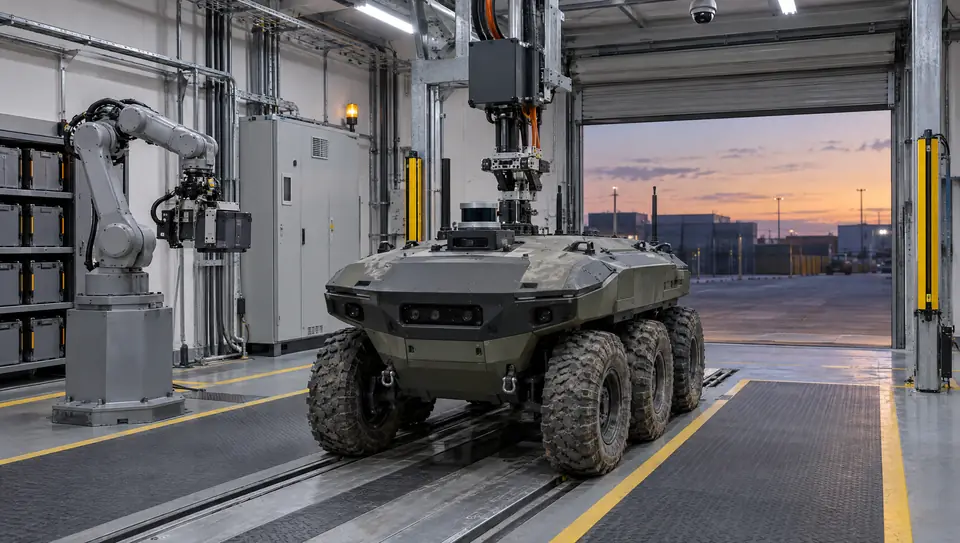Uncrewed ground vehicle in a robotic garage with an automated charging connector engaged and a battery exchange manipulator alongside