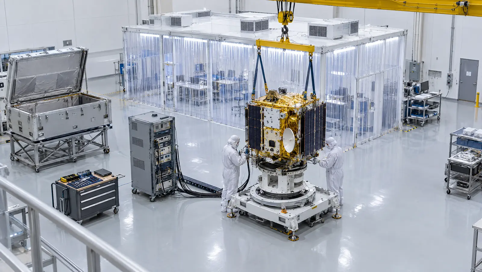 High-bay payload processing facility with a small satellite on a precision rotation fixture under an overhead crane, softwall clean enclosure, test support rack, and open transport container, with two technicians in cleanroom garments
