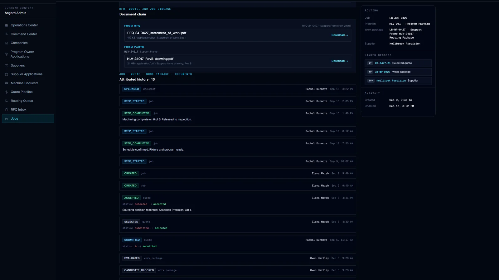 Launchbelt job evidence screen: the RFQ statement of work and part drawing in a document chain, followed by an attributed, time-stamped history of uploads, job steps, and quote decisions
