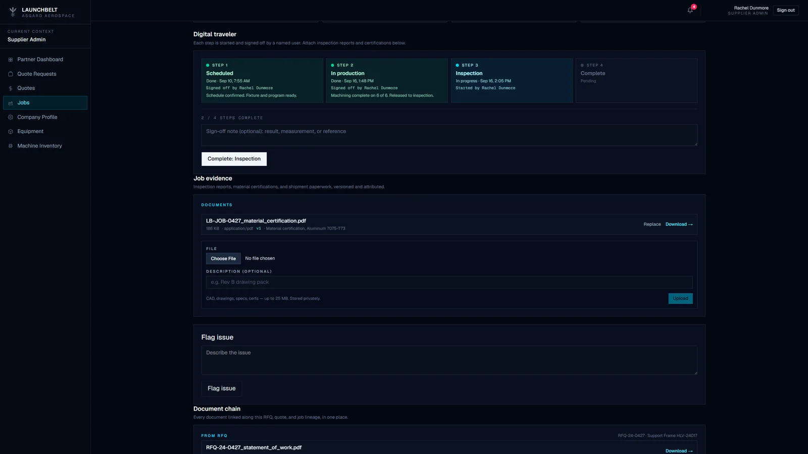 Launchbelt supplier view of a job: a four-step digital traveler (scheduled, in production, inspection, complete) with named sign-offs, a job evidence panel holding a material certification, and the linked document chain
