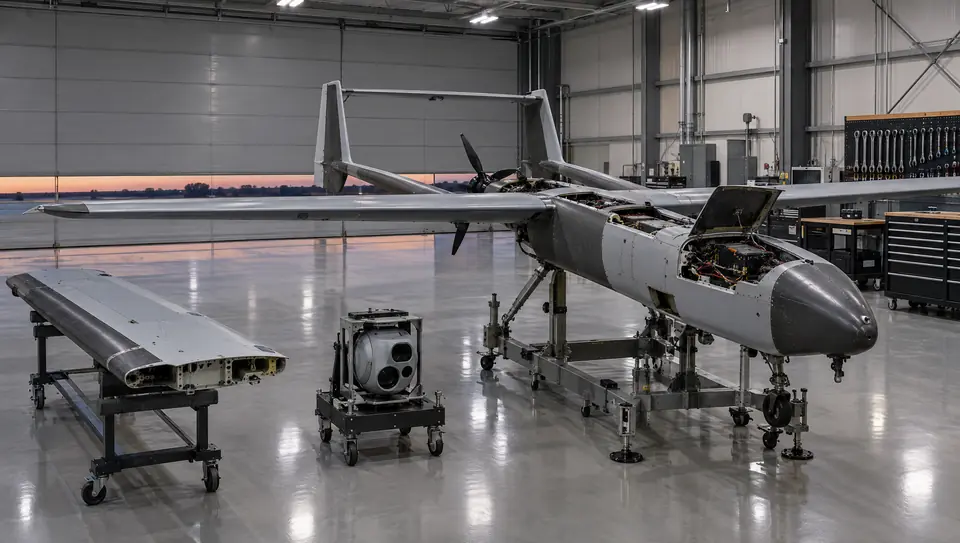 Original fixed-wing uncrewed aircraft on an integration cradle with its avionics bay open beside a detached wing section