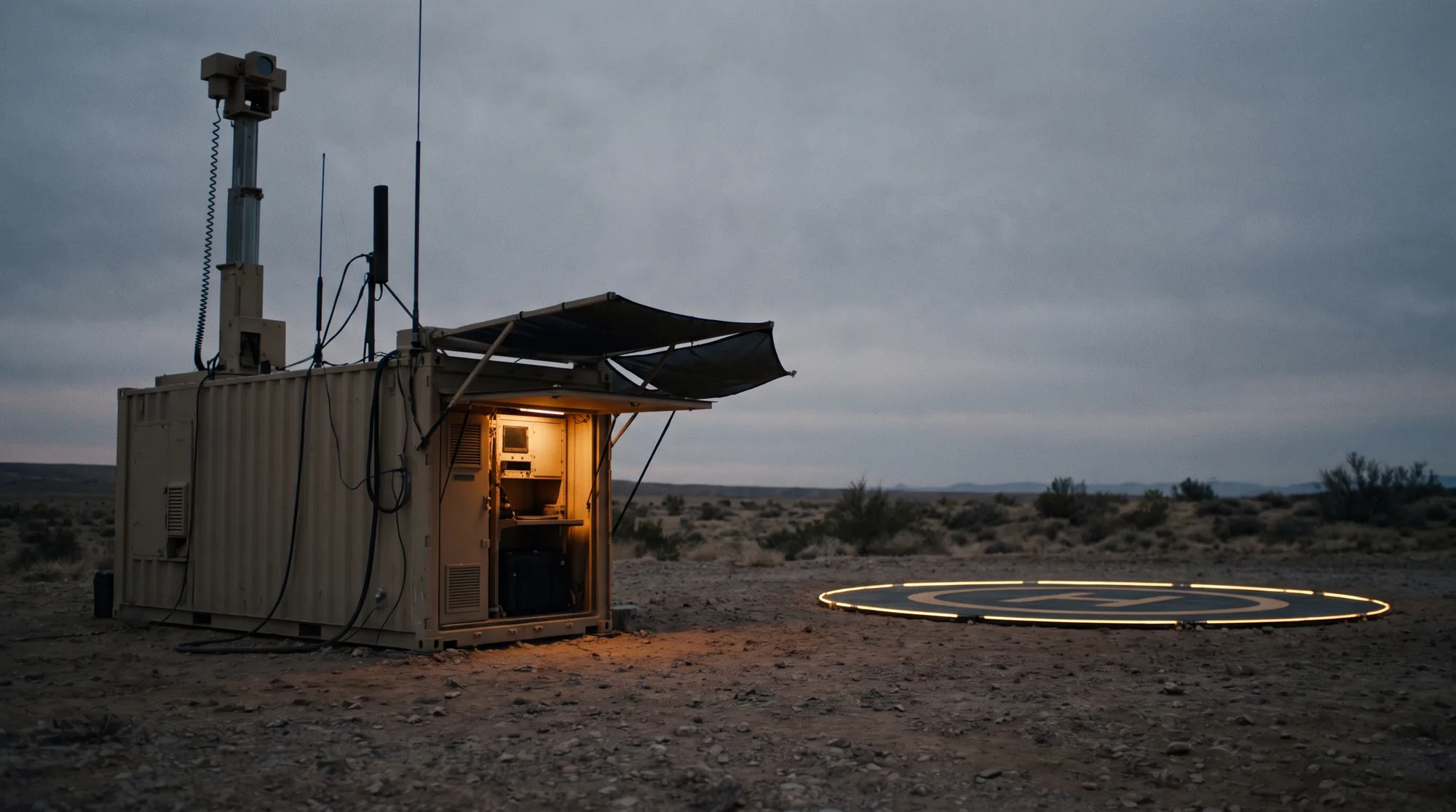 Containerized mobile autonomous support node with landing pad